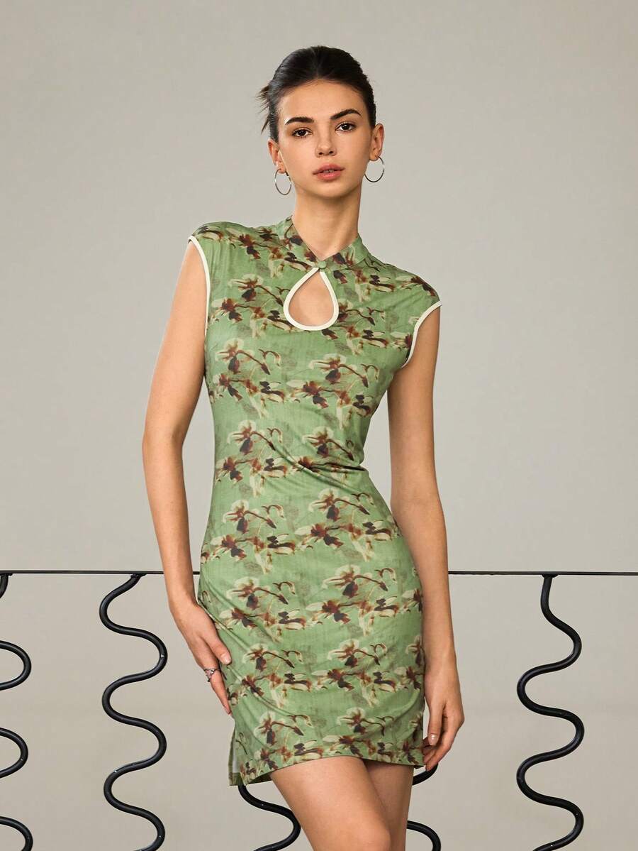 女士优雅短袖印花迷你连衣裙 - 綠色 - 查看 1