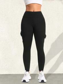 Y2K 高弹力工装裤，宽腰带，高腰翻盖口袋，瑜伽健身紧身裤，休闲百搭户外跑步裤，女士秋季服装 - 黑色 - 查看 6