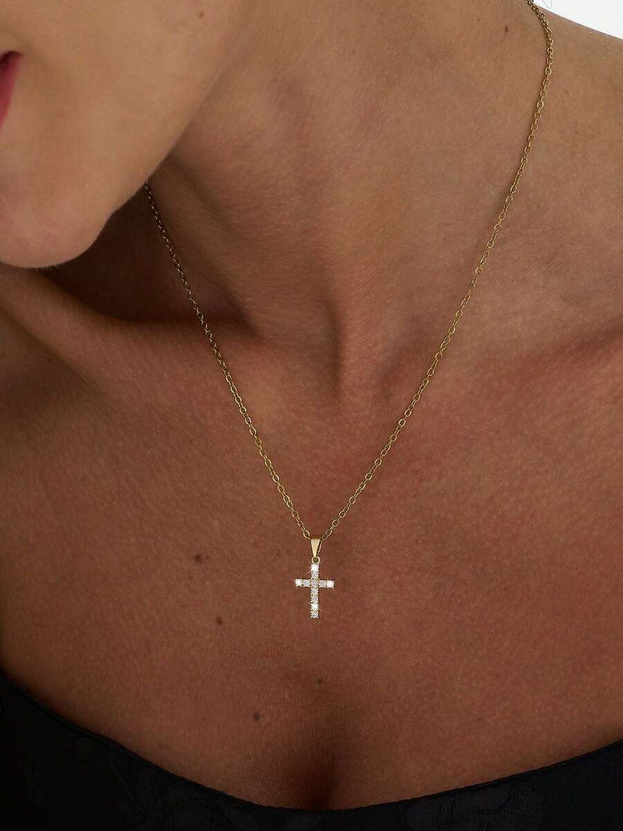 1pc Women's Minimalist Single-Layer Cubic Zirconia Inlaid Cross Pendant Necklace, Suitable For Daily Wear - Yellow Gold - View 1