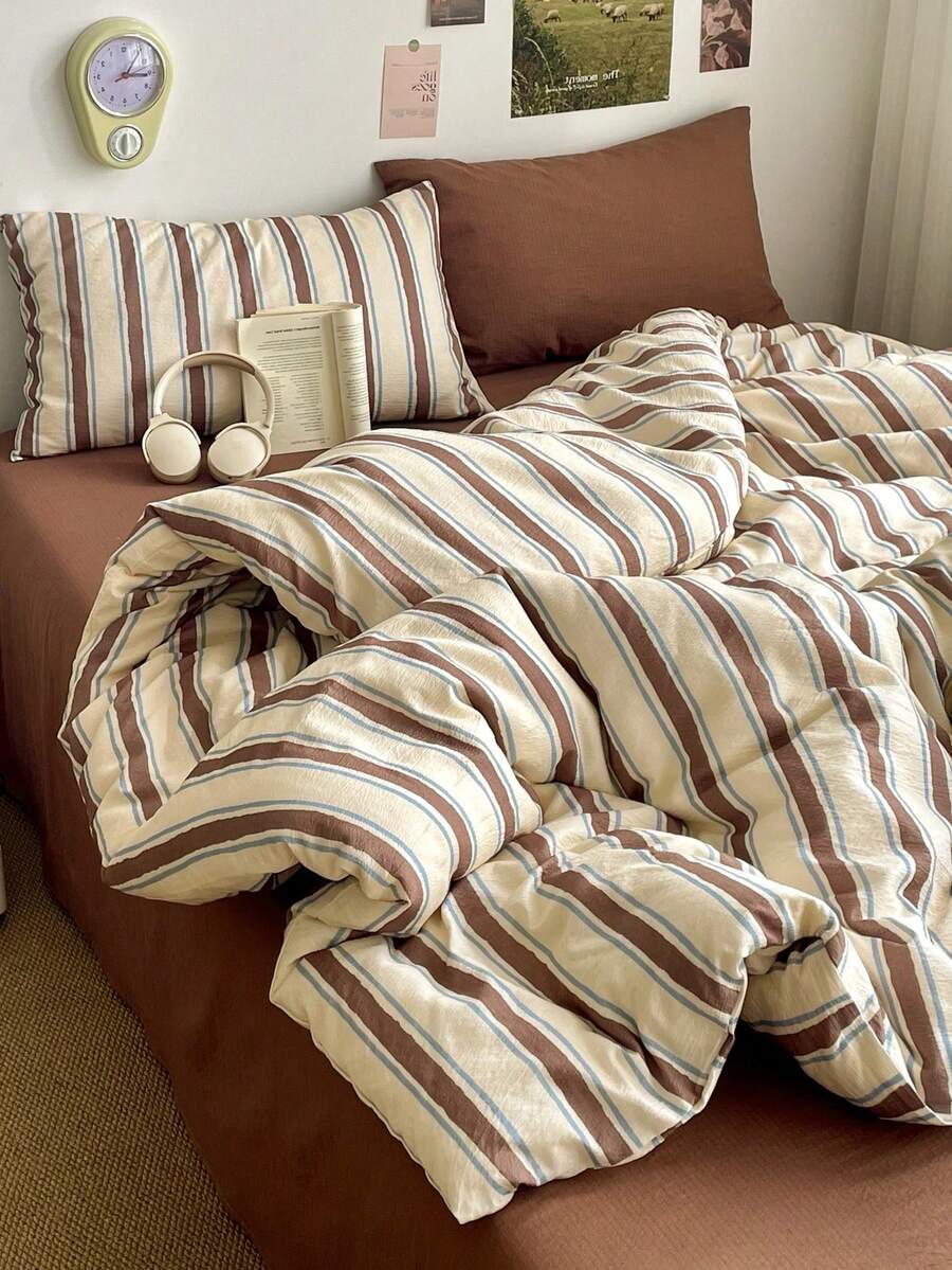 四件套经典简约日式蓝棕条纹床上用品，薄荷绿和深巧克力色调，柔软舒适，可拆卸双层纤维内芯（1个被套+1个床单+2个枕套，不含被芯和枕头），男女通用，卧室装饰，节日礼物，单人/双人尺寸，枕套图案随机裁剪