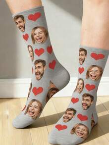 1 Pair Customized Face & Heart Pattern Comfortable Knit Couple Socks, Suitable For Anniversary/Gift - Grey - View 2