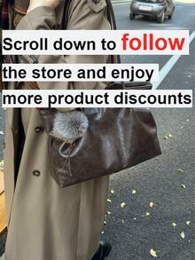 1个女士纯色PU单肩手提包，大容量复古PU手提包，带毛球挂饰，适合办公、通勤、购物、送礼。 - 咖啡棕 - 查看 2