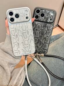 Luxury Snake Pattern Artificial Leather Camera Protection Phone Case Compatible With IPhone 17 ProMax 17 Pro 16 15 14 Pro Max Wristband Strap Soft Matte Back Cover - Black - View 5