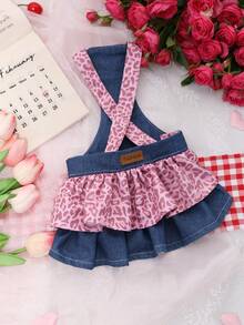 Pink Leopard Print & Denim Ruffled Pet Dress - Cross Strap Fashion Puppy Skirt For Small Dogs - Pink - View 8