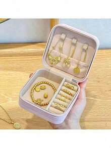 Mini And Portable! Solid Color PU Leather Jewelry Box, Very Convenient For Travel Storage Of Necklaces, Rings And Earrings, Dust-Proof Design To Protect Exquisite Accessories - White - View 10