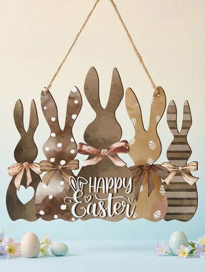 1pc Easter Hanging Decor With Brown-Toned Multi-Pattern Rabbit (Polka Dot/Easter Egg/Stripe/Heart Cutout) Pattern, Retro Warm-Style Natural Wooden Rabbit Silhouette Hanging Ornament – With Bow Decoration & "Happy Easter" Lettering, Easter Party Supplies Room Decoration Festive Atmosphere Setup Hanging Decor For Easter Celebrations, Family Gatherings & Home Decor