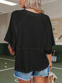 Womens Summer Athleisure Oversized Batwing Half Sleeve Gym Workout T Shirts - màu đen - Xem 3