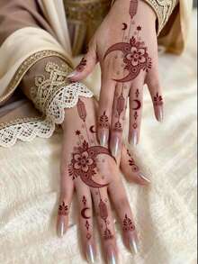 3 Sheets Full Hand Flower Design Brown Red Maroon Sexy Foot Finger Hand Tattoo Sticker Women Flower Henna Tattoo Sticker Flower Waterproof Sticker Brown Tattoo Sticker Women Body Art Sticker Wedding Party Moon Brown Red Tattoo Sticker - Red - View 2