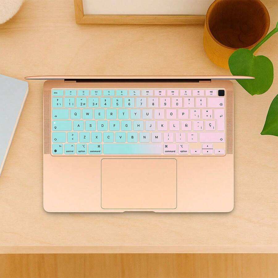 1pc Ultra-Thin Multi-Language Silicone Keyboard Cover, EU Layout, Fit For MacBook Air 13.3 Inch (2020, M1 Chip, Model A2337) With Touch ID, Berry Blue, Spanish/English/Ukrainian - Spanish - View 1