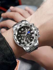 3pcs Men's Business Luxury Set, Including Silver-Blue Dial Quartz Watch, Embossed Wallet And Metal Ballpoint Pen. The Watch Features Roman Numerals And Multi-Function Chronograph Design, With Embossed Steel Strap, Exuding An Elegant And Steady Style. - Silver - View 4