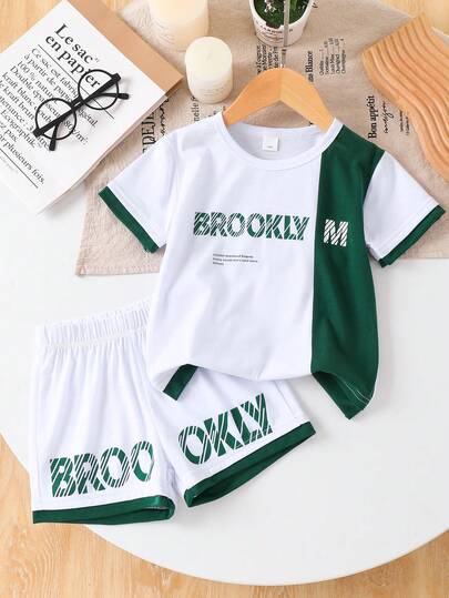 2pcs Letter Print Color Block Round Neck Short Sleeve T-Shirt And Shorts Set, Casual Sports Outfit For Boys & Girls Aged 3-7, Suitable For Summer Outdoor Activities, Fashion Minimalist