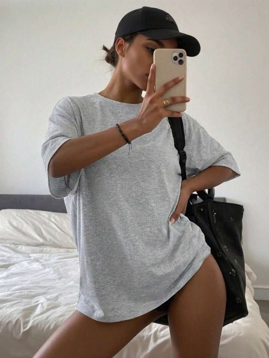 Women's Loose Fit Round Neck Short Sleeve T-Shirt, Suitable For Spring/Summer, Casual/Minimalist/Elegant/Sexy/Streetwear/Y2K Style, Can Be Paired With Office/Home/Streetwear,Back To School, Campus Wear, Back To School, Y2K Style - Light Grey - View 1