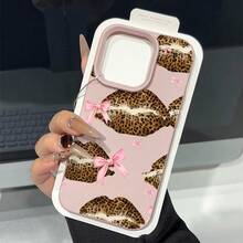 Leopard Lips Phone Case, Chic Style, For Compatible With IPhone 17/17pro/17promax/17Air/Iphone16/16pro/16plus/15/15promax/15pro/11/12/13/14promax/12mini/13mini/11pro/11promax/12pro/12promax/13pro/13promax/14pro/14promax, Fashionable Gift, Cute Bow Design Present - Màu Hồng baby - Xem 2