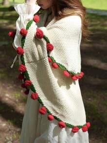 1pc Handmade Crochet Rose Flower Bouquet Shawl, Acrylic Material, Elegant & Fluffy, Lily Of The Valley Pattern, With Milk Rose Tassel, Can Be Used As Shawl, Bedspread, Sofa Blanket, Ideal Gift For Valentine's Day, Mother's Day, Gift For Mom - A - View 4