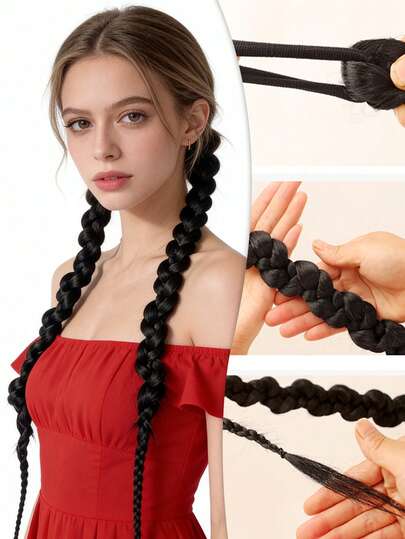 长款编织马尾辫接发，单件式扭辫盒式辫套装，带发圈，轻松打造日常及特殊场合的盘发造型（无需编发）