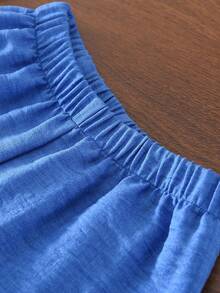 女童牛仔效果无袖上衣和蕾丝边长裤两件套，夏季服装 - 藍色 - 查看 8