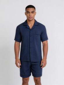 Snug League 2pcs/Set Men's Plaid Allover Print Short Sleeve Shirt And Shorts Pajama Set - Navy Blue - View 1
