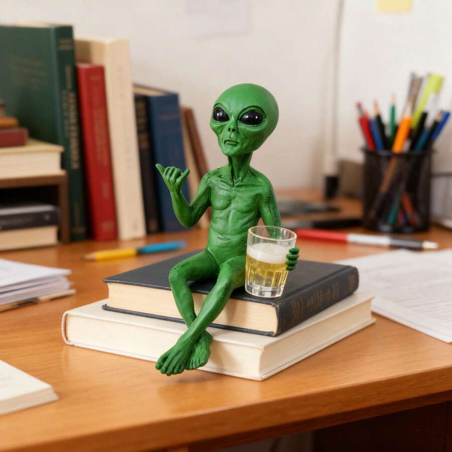 趣味外星人树脂摆件，创意醉酒姿势，栩栩如生的迷你外星人装饰品，适用于客厅、书架、书桌、办公室，可缓解压力，可爱摆件