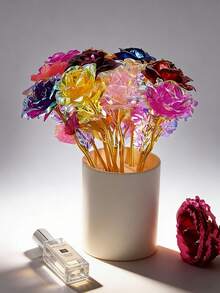 1束金色箔纸彩色人造玫瑰花束，适用于花瓶装饰、婚礼、订婚、求婚、情人节氛围、家居装饰、节日庆典、主题派对等场合。 - 彩色 - 查看 3