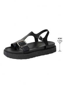 Adjustable Elastic New Fashion Metal Buckle Decor Open Toe Platform Thick Sole Slippers Fashion Slides Sandals Beach Flip-Flops Suitable For Daily Wear - Black - View 8