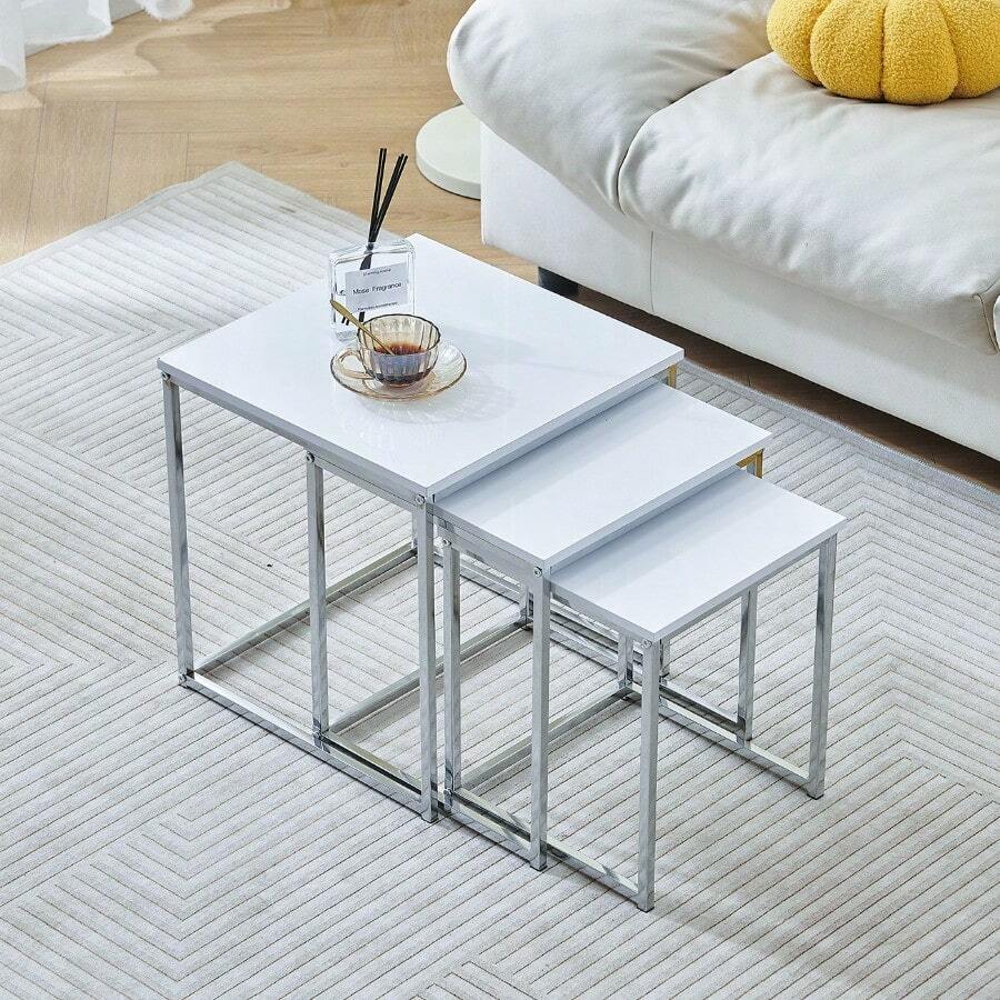 Set Of 3 Nesting Coffee Tables For Living Room, Nest Of 3 Nested Tables Sofa Side Table Coffee Table End Tables Space Saving - White - View 1
