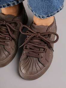 Giày thể thao mũi dập nổi trang trí bằng đá Zirconia - màu nâu - Xem 4