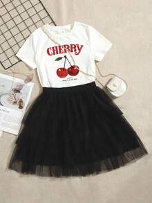 Girls Cartoon Print T-Shirt And Layered Mesh Skirt - White - View 1