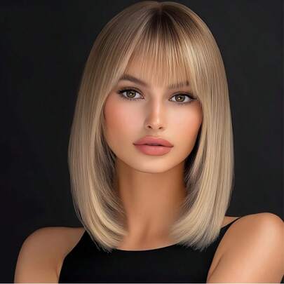 14 Inch Gradient Brown Gold Women's Wig, Short Straight BOBO Style Bangs Wig, Heat-Resistant Synthetic Fiber,Women'S Basic Bob With Bangs, Blonde Wig, Matte Finish, High-Temperature Fiber, Rose Net Cap, Natural Look,Musthave For Beginners,High Quality,Comfortable To Wear, Gifts For Girlfriends,Perfect For Music Festivals, Daily Wear, Weddings, Halloween, Christmas, Mother's Day & Graduation,Fashion Must-Haves