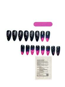 Women's Almond-Shaped Manicure With Glossy Black Base And Magical Purple Ombre Floral Pattern Design