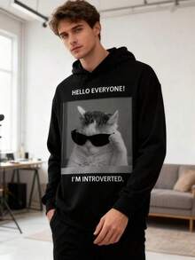 Mens Hoodie Men's Clothing Anime Hoodie For Men With Adorable Cat Print Shy And Socially Humorous Print, Casual Style, Machine Washable, Funny Animal Print, Durable, Regular Fit, Comfortable And Versatile, Casual Style, Long Sleeve Sweatshirt With Kangaroo PocketLoose Fit, Suitable For Daily Gatherings - 黑色 - 查看 7