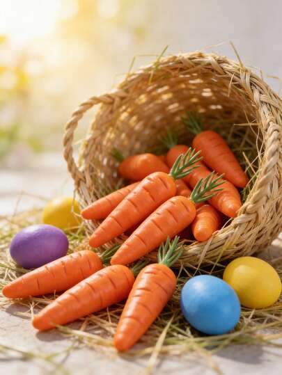 1pack/10Pcs Artificial Easter Carrots With Colorful Easter Eggs And Woven Basket Set For Home Kitchen Table Decor Spring Holiday Party Supplies Favors