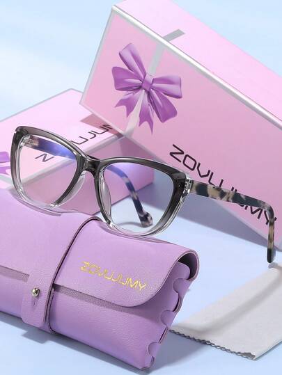 ZOVUJUMY 猫眼装饰轻盈透明眼镜，TR 轻质镜片镜框佩戴舒适，耐用镜框材质适合任何脸型，适合日常佩戴、通勤和约会，紫色礼盒包装，是节日送礼佳品。