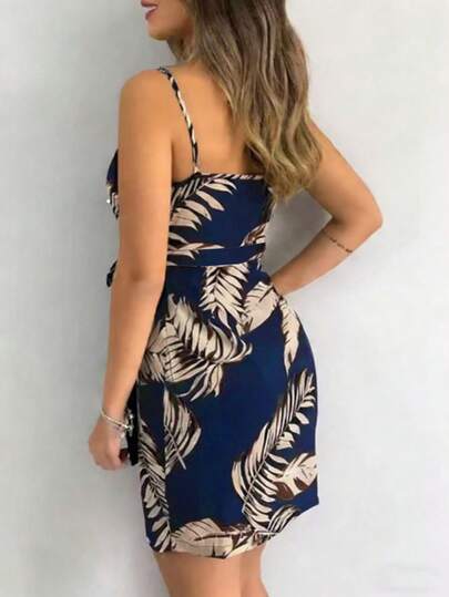 Robe d'été élégante pour vacances et fêtes, style cami avec imprimé botanique et nœud devant, décontractée pour femmes