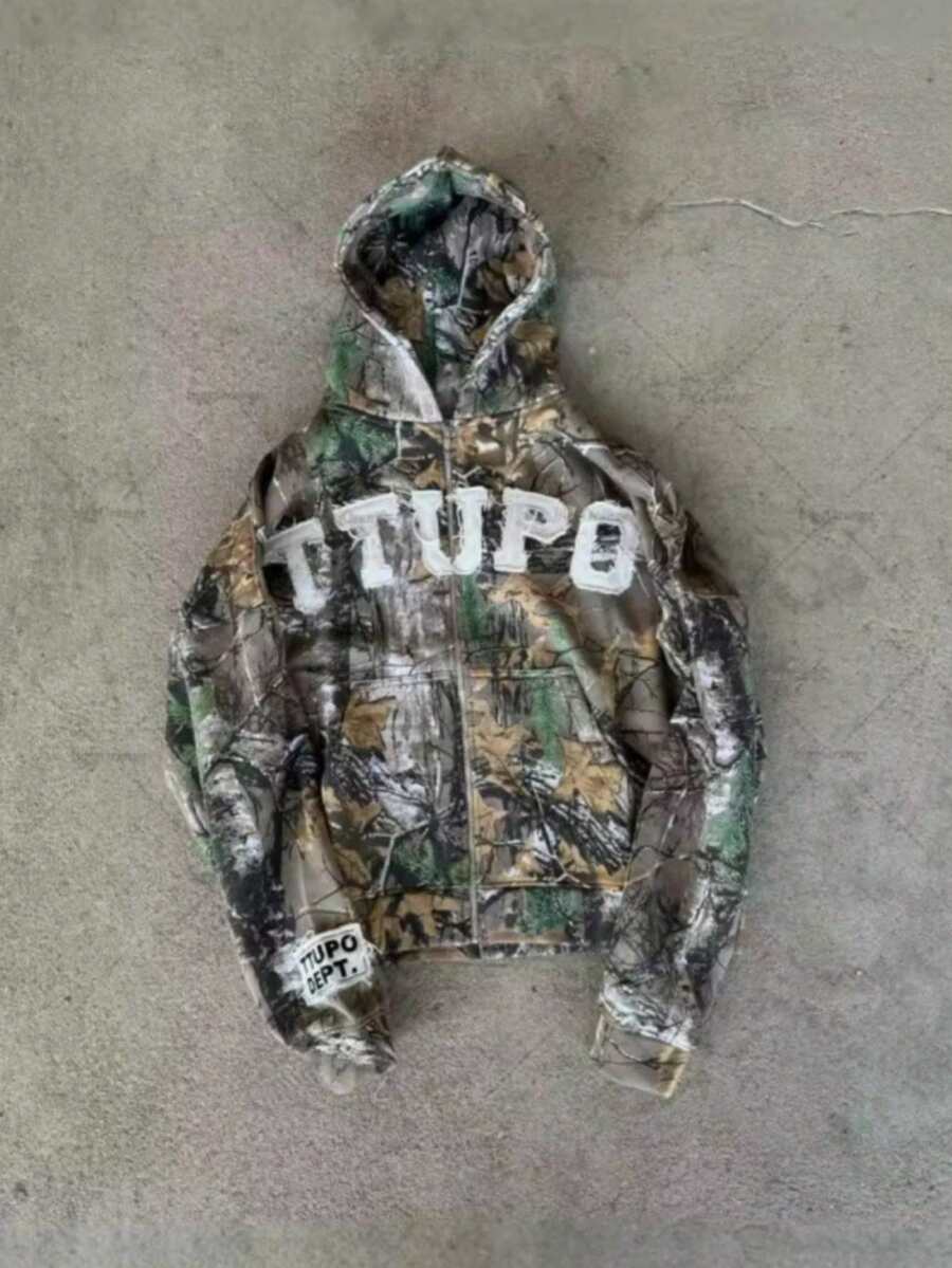 Hoodies,Men's Vintage High-Street Fashion Brand Letter Print Casual Couple's Hooded Cardigan Sweatshirt Jacket - 迷彩 - 查看 1