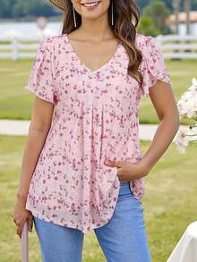 CheersLife Women's V-Neck Short Sleeve Casual Blouse With Double Layer Mesh Summer - Dusty Pink - View 3