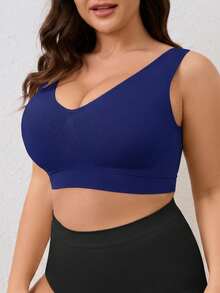 1pc Seamless Wireless Lift & Support Adjustable Yoga & Sleep Bra, Comfortable Side Gather Plus Size Sports Bra For Women Spring - Navy Blue - View 4