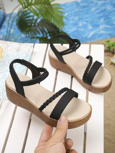 1双青少年/儿童夏季凉鞋，黑色厚底凉鞋，时尚编织带装饰儿童凉鞋，适合上学和日常穿着