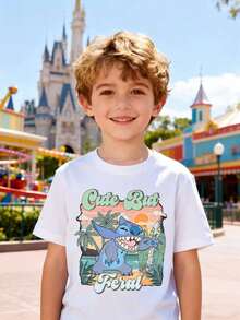 Disney Boys' T-Shirt, Creative Tropical Stitch Alphabet Cartoon Print, Summer Boys' Cotton Crew Neck Short Sleeve, Suitable For Everyday Wear, Vacations, Outdoor Activities, And As A Gift For Children. - 白色 - 查看 1