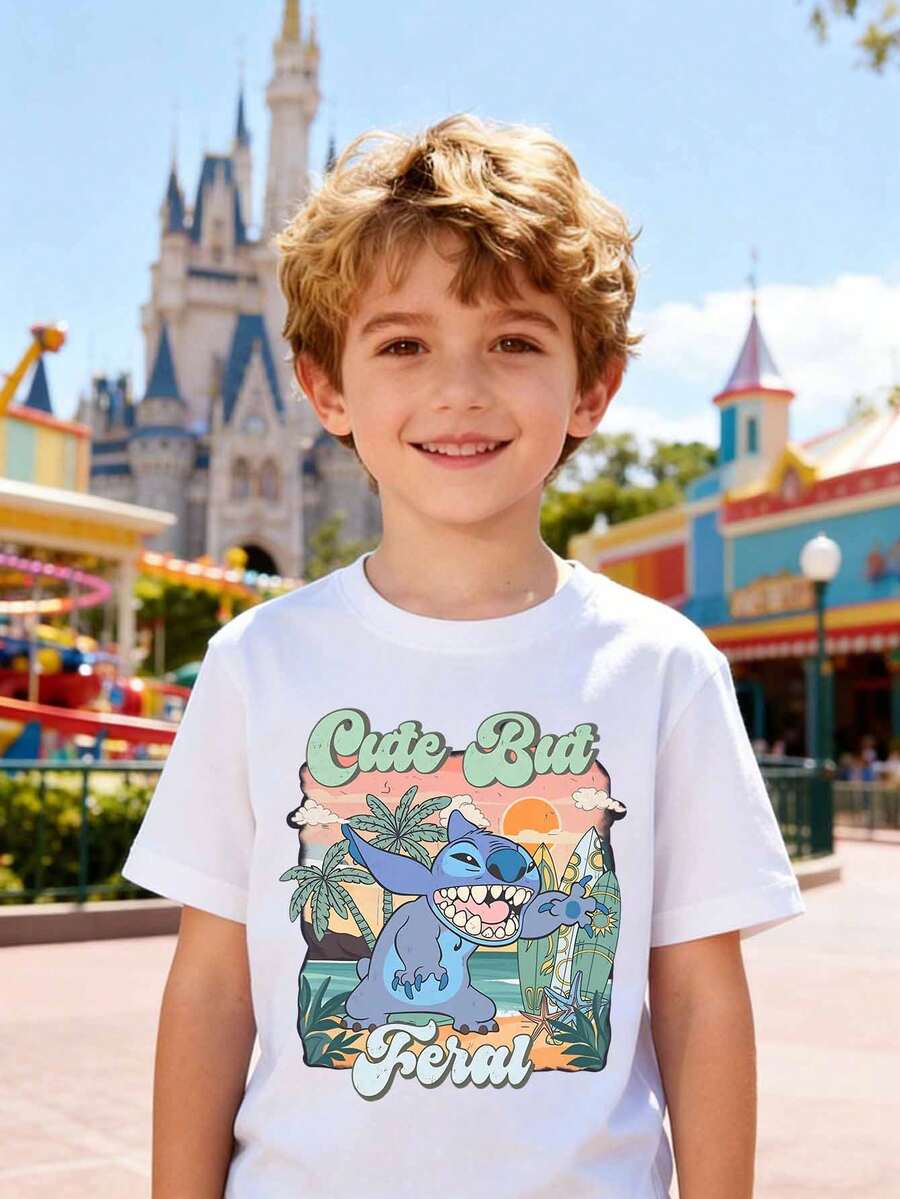 Disney Boys' T-Shirt, Creative Tropical Stitch Alphabet Cartoon Print, Summer Boys' Cotton Crew Neck Short Sleeve, Suitable For Everyday Wear, Vacations, Outdoor Activities, And As A Gift For Children. - 白色 - 查看 1