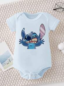 Disney Baby Clothing, Newborn  - Unisex - Disney Stitch Creative Cartoon Print - Crawling And Toddling Stage Set - Summer Outdoor Casual Crewneck Crawling Coverall With Triangle Hem Design - Summer Essential Item - Fun-Filled - Adorably Cute - Perfect Holiday Gift For Infants And Toddlers - Baby Blue - View 1
