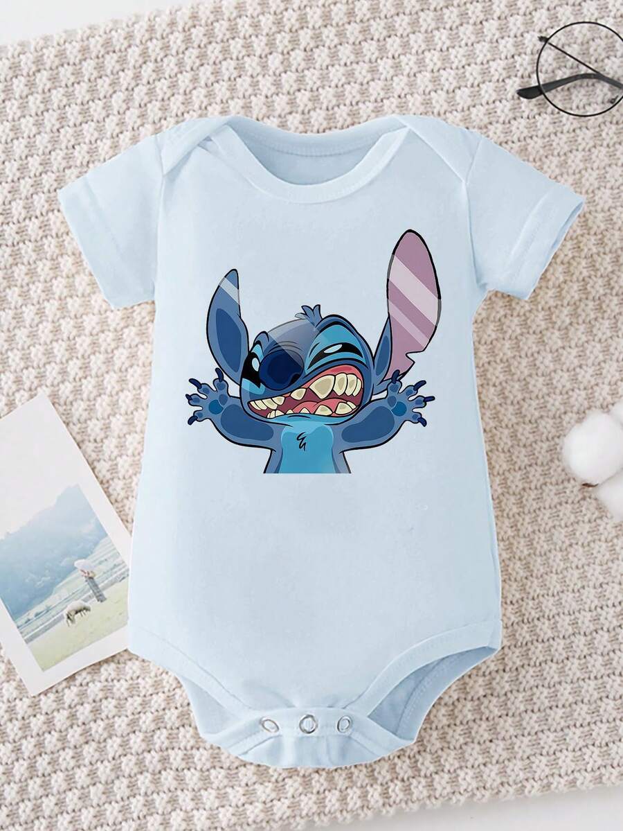Disney Baby Clothing, Newborn  - Unisex - Disney Stitch Creative Cartoon Print - Crawling And Toddling Stage Set - Summer Outdoor Casual Crewneck Crawling Coverall With Triangle Hem Design - Summer Essential Item - Fun-Filled - Adorably Cute - Perfect Holiday Gift For Infants And Toddlers - Baby Blue - View 1