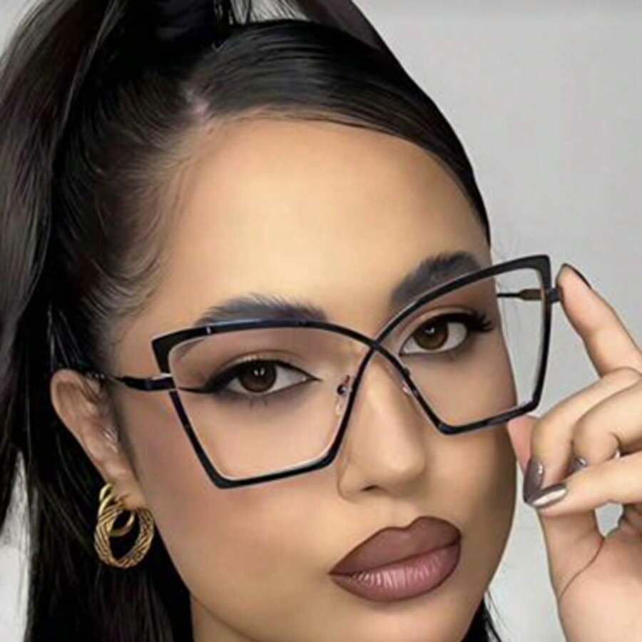 1副大框猫眼金属时尚眼镜架，复古独特百搭透明眼镜，男女通用，适合日常佩戴、通勤。 - 黑色 - 查看 1