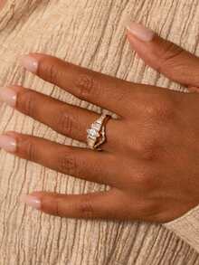 2件套女士时尚铜锆石戒指套装，高端可叠戴戒指套装，适合日常佩戴