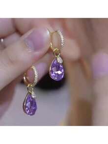 Korean Style Ultra Shiny Geometric Square Crystal Inlaid Diamond Earrings Elegant Fashionable Light Luxury High-End Exquisite Ear Jewelry - N2091A1 [Water Drop] Purple - View 1