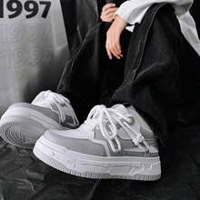 Bộ 3 đôi giày trượt ván nam đế dày thời trang, phối màu độc đáo, phong cách preppy năng động, buộc dây tối giản, đa năng, thích hợp cho mùa xuân/thu. - tro trắng - Xem 3