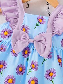 2件套女婴碎花连衣裙配同款帽子套装，春夏款 - 藍色 - 查看 4