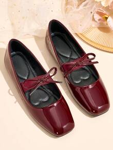 女士玛丽珍平底鞋 - 酒红色仿皮，柔软橡胶鞋底和PU加厚鞋垫 - 舒适的办公休闲鞋，适合冬季全天穿着，女士平底鞋，新款，时尚简约，一脚蹬，亮面，弹性蝴蝶结设计，是情人节、母亲节、婚礼、派对、办公等场合的理想之选。 - 酒紅色 - 查看 14
