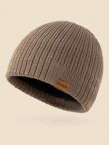 1pc Unisex Fashion Leather Label Thermal Lined Thick Knit Beanie Hat, Men's Winter Warm Brimless Cap, Soft Comfortable Minimalist Suitable For Cold Weather, Casual, Party, Hiphop, Camping, Versatile - D - View 12