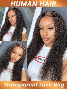 Deep Wave T4*4 Transparent Lace Front Wig Pre Plucked With Baby Hair Curly Wave Human Hair Wigs For Women 180% Density - Natural Black - View 3