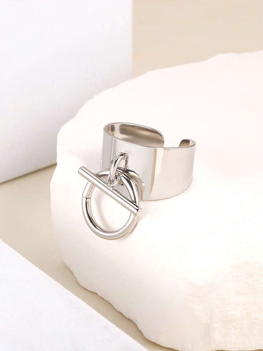 1pc Women's Fashionable Stainless Steel Pendant Ring, Suitable For Daily Wear - Silver - View 1